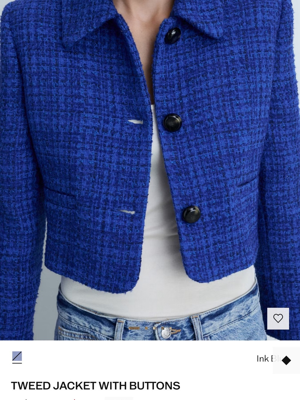 Mango Cropped Tweed Jacket in Ink Blue